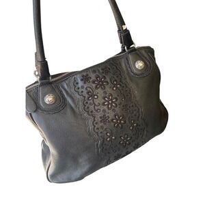 Brighton Black Leather Floral Embroidered Eyelet Satchel Handbag U114478 Purse